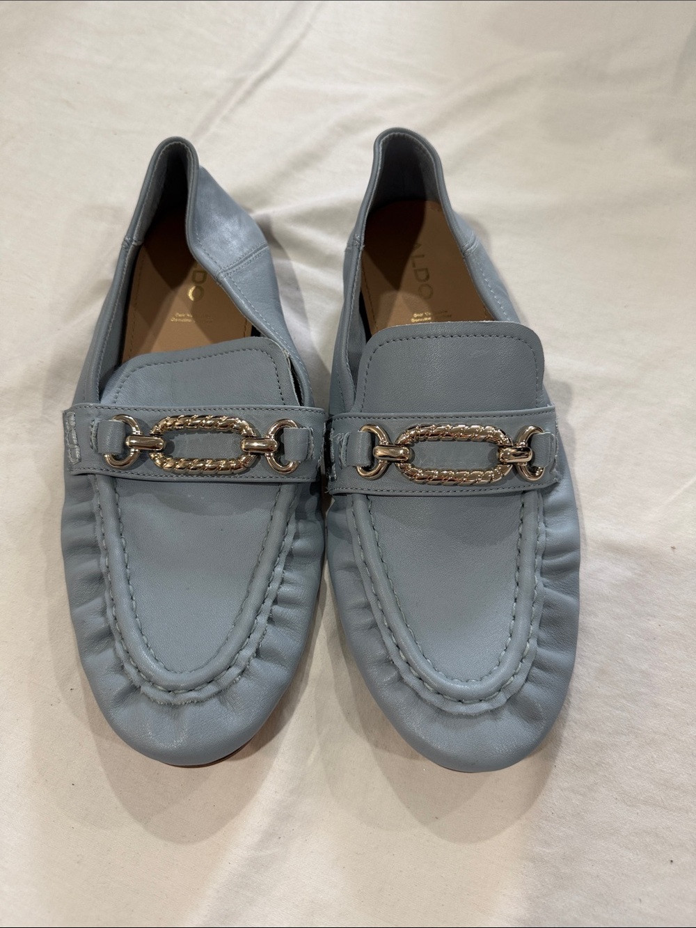 Aldo Pale Blue Leather Slip-On Loafers with Gold Bit